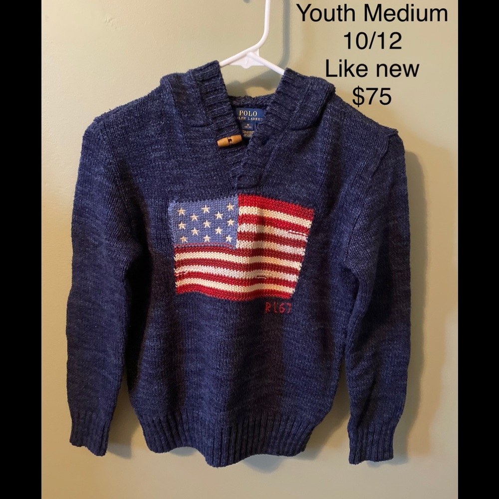 Ralph Lauren iconic flag sweater with a hood.  Navy blue youth medium (10/12).